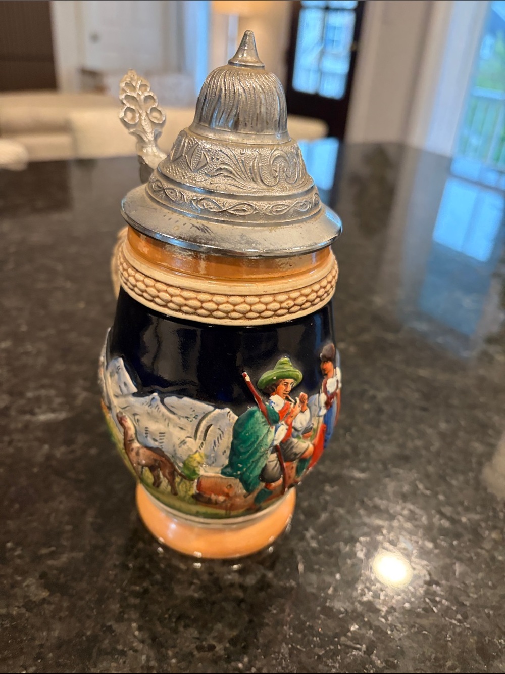Hand-Painted Ceramic Beer Stein with Pewter Lid - Black and Tan